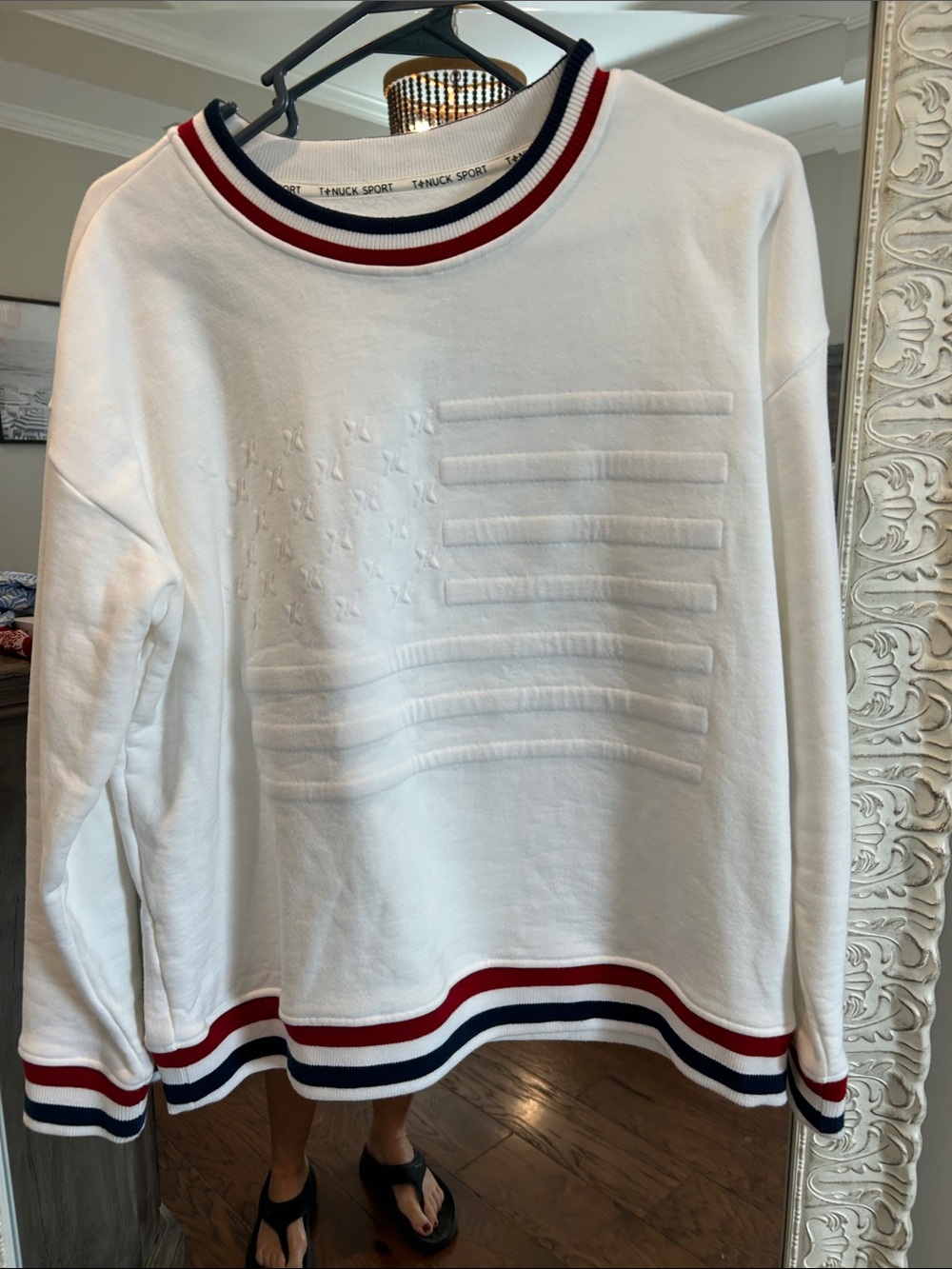 Tuckernuck White Embossed Flag Crewneck Sweatshirt with Red & Navy Trim